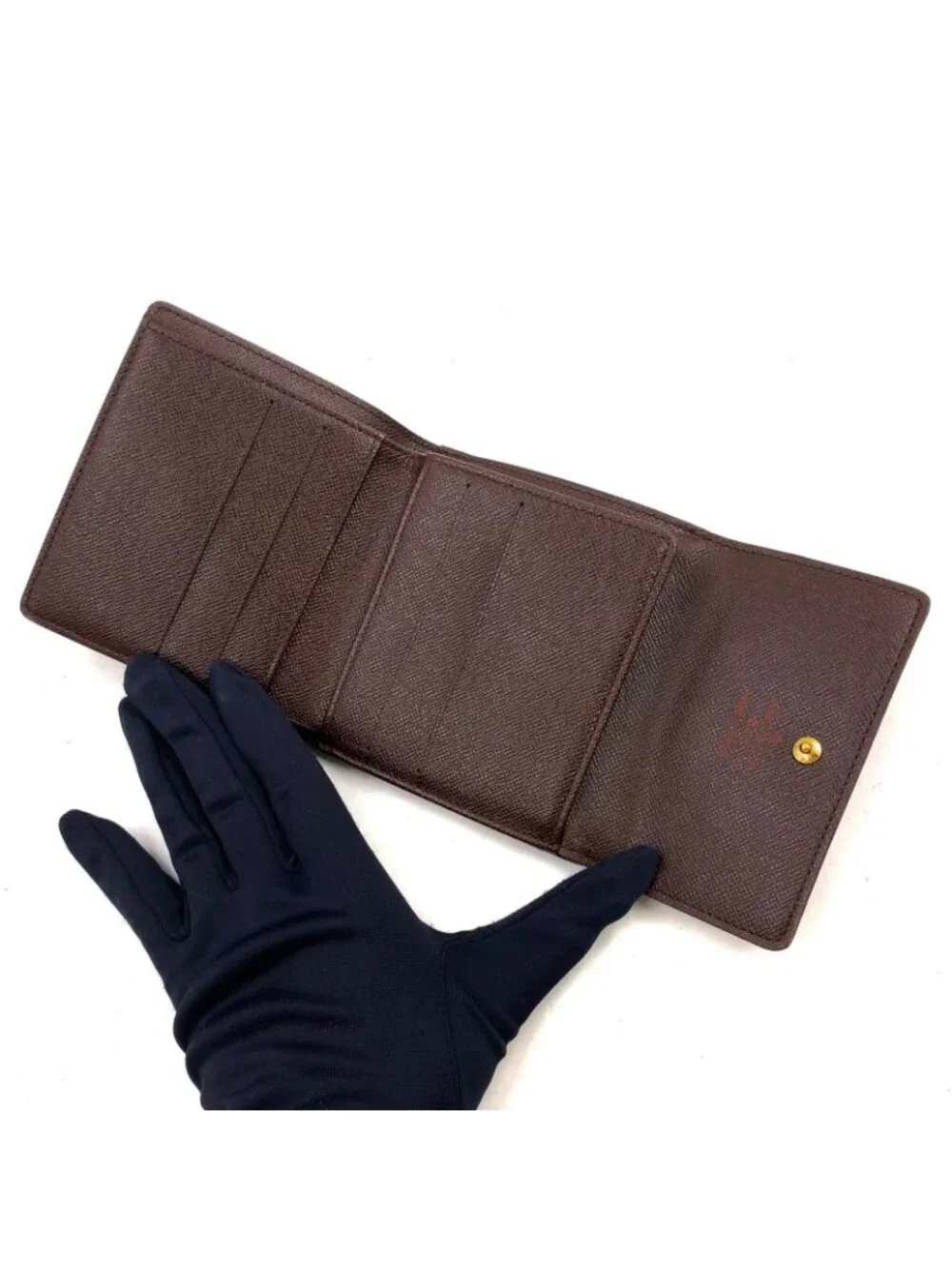 Louis Vuitton Portefeuille Elise Damier Ebene Leather Brown Hook Wallet Gold